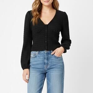 Urban Romantics Black Cropped Button Up Long Sleeve Top Size Small